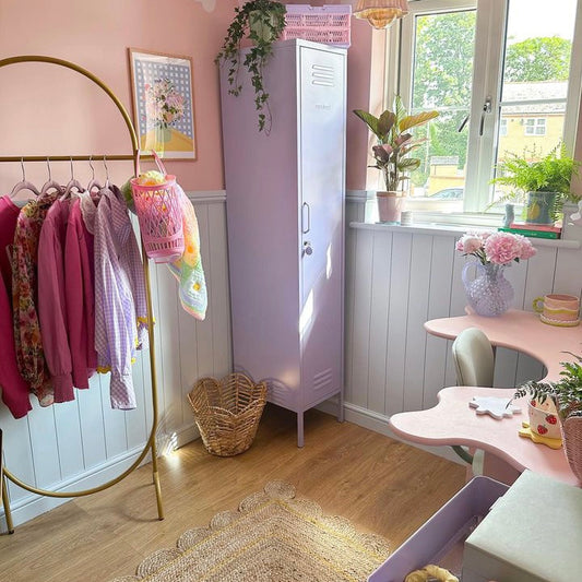 lilac metal storage locker.