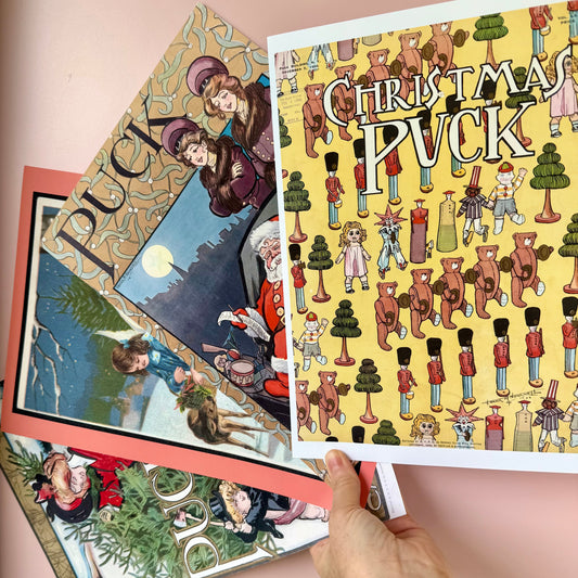 Collection of vintage-style Christmas cards with illustrations on a pink background