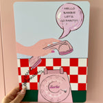 Load image into Gallery viewer, barbie inspired print showing pink phone  &amp; caption.Hello Barbie Lets Go Party!