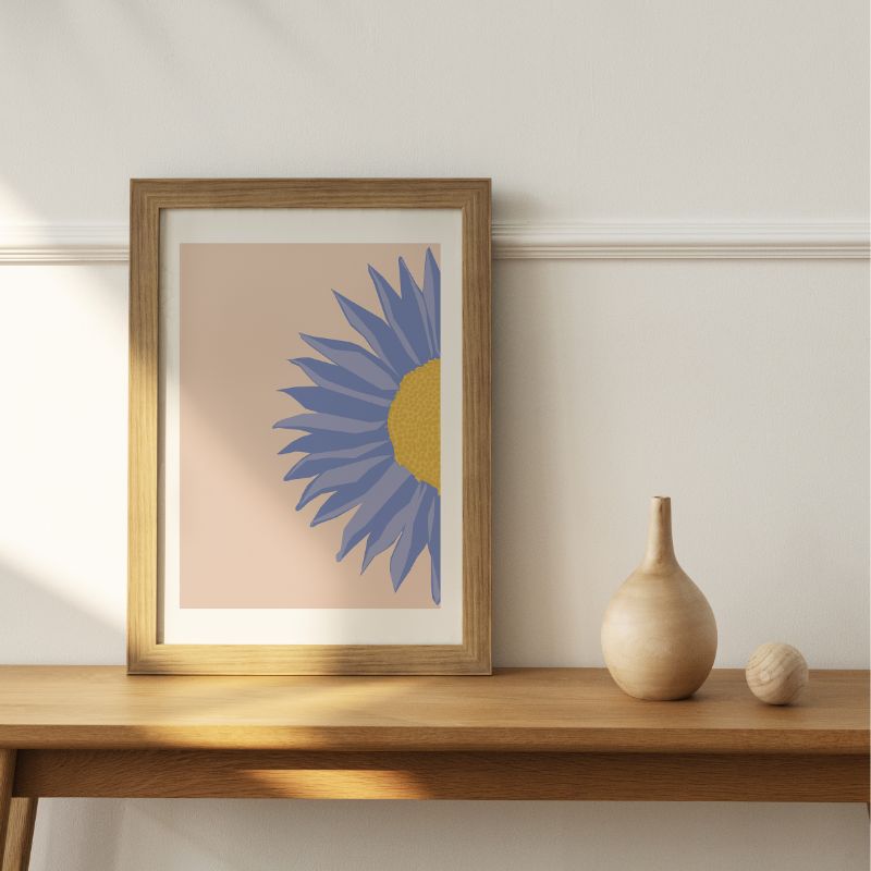 Print - Mauve Delight. Blue flower with neutral backdrop